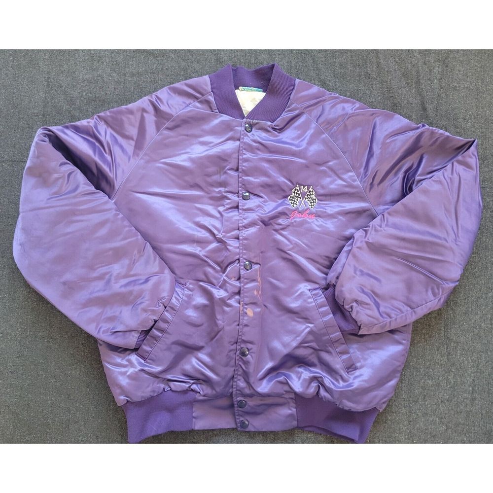 Vintage 70s 80s Franko‎ Racing Bomber Satin Size Large Purple FLAWS READ
